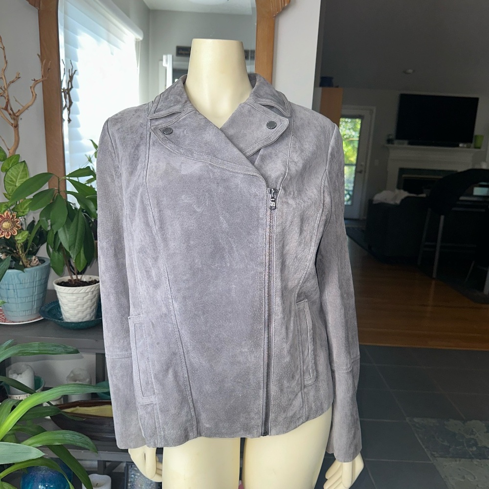Isaac Mizrahi Women's Leather Motorcycle Jacket Suede Gray zip up~ 14